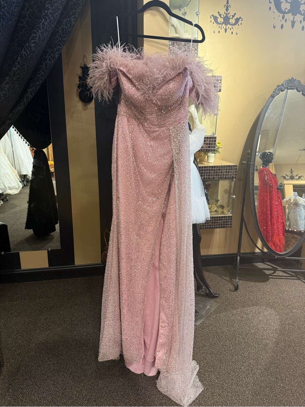 Elegant Feather-Trim Pink Sequin Evening Gown
